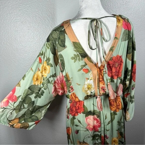 Farm Rio Marilla Maxi Dress Women's Small Floral Flowy Tie Back Tassel V-Neck - Picture 5 of 11